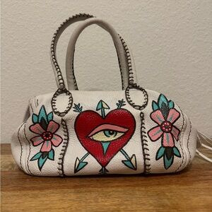 Vintage Hand Painted and Embroidered White Handbag with Heart and Floral Design